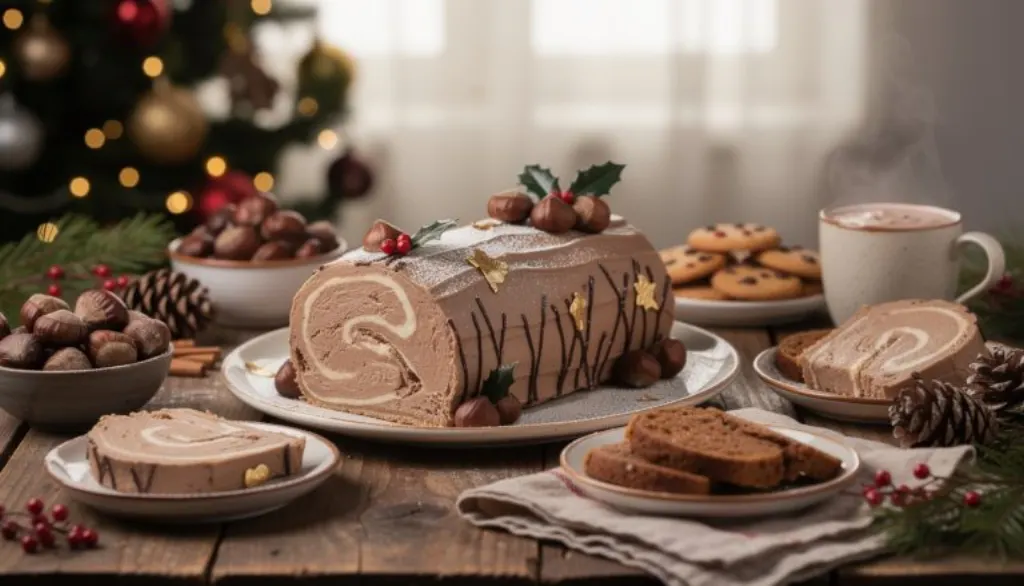 découvrez notre bûche aux marrons, onctueuse et délicatement parfumée, préparée la veille pour un noël magique au goût parfait.