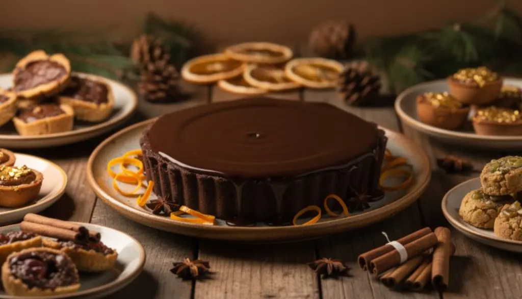découvrez la tarte au chocolat noir, fondante et intense, parfumée avec soin. une gourmandise de noël irrésistible sans une goutte de crème, idéale pour les amateurs de chocolat authentique.