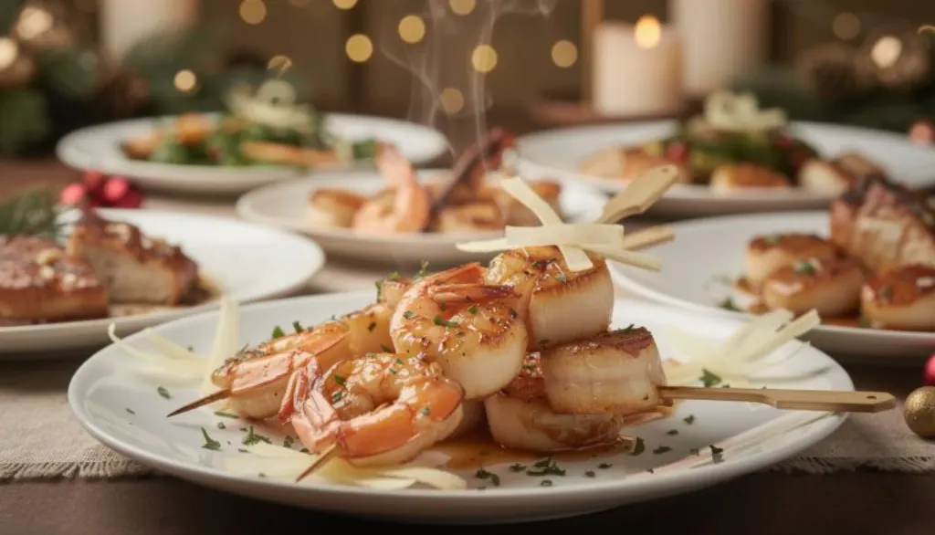 savourez nos brochettes express de saint-jacques et crevettes au beurre chaud et gingembre, un plat gourmand et revigorant pour prolonger la magie des fêtes en toute simplicité.