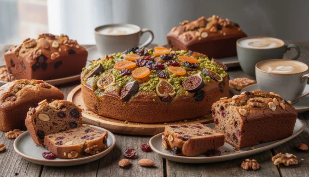 savourez un cake hivernal irrésistible aux pistaches fondantes et fruits secs croquants, cuit à la perfection pour un goûter chaleureux et gourmand.