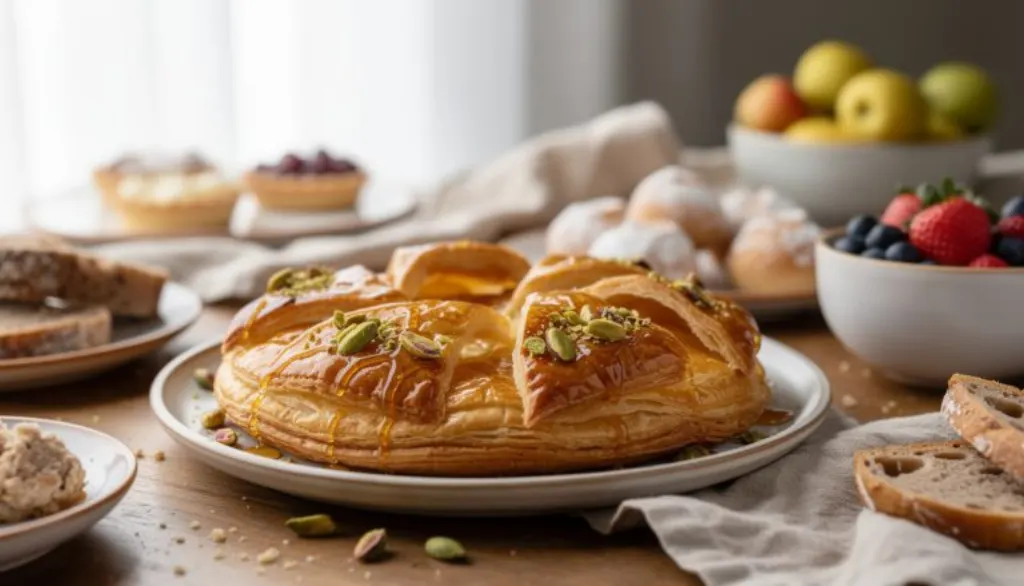 découvrez notre galette feuilletée irrésistible alliant croquant, miel tiède et pistaches fondantes, parfaite pour une épiphanie gourmande et pleine de saveurs.