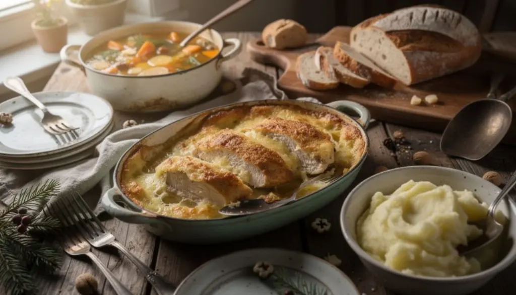 savourez un gratin réconfortant au blanc de poulet et crème, un plat traditionnel aux saveurs authentiques de grand-mère, parfait pour les froides soirées d'hiver.
