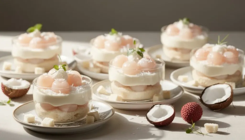 découvrez notre tiramisu revisité, une explosion exotique d’hiver alliant litchis juteux et crème de coco, sans café ni cacao, pour une douceur originale et légère.