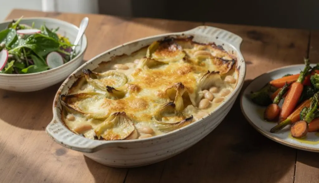 découvrez un gratin ultra crémeux de poireaux et haricots blancs, réalisé avec seulement trois ingrédients simples pour un plat savoureux et sans viande, idéal pour un repas réconfortant et gourmand.