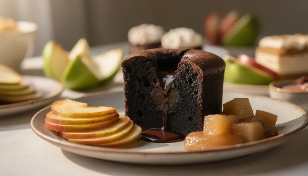 découvrez notre moelleux chocolat 70% et pomme, une gourmandise à la mie sombre et humide, renfermant un cœur fondant qui ravira vos papilles à chaque coupe.