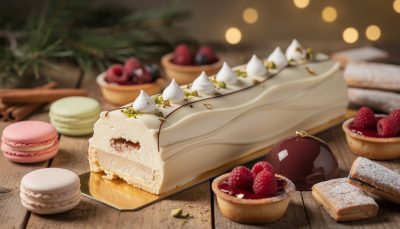 savourez la bûche de noël légère et aérienne imaginée par cyril lignac, un dessert exquis qui émerveille et séduit dès la première bouchée.