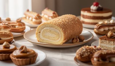 savourez notre roulé au praliné, alliant une crème mousseline onctueuse à un croustillant noisette irrésistible qui fond délicatement en bouche.