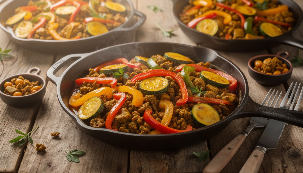 découvrez une poêlée savoureuse de steak haché, courgettes et poivrons au curry, un plat facile à préparer qui ravira vos papilles avec ses saveurs riches et surprenantes.