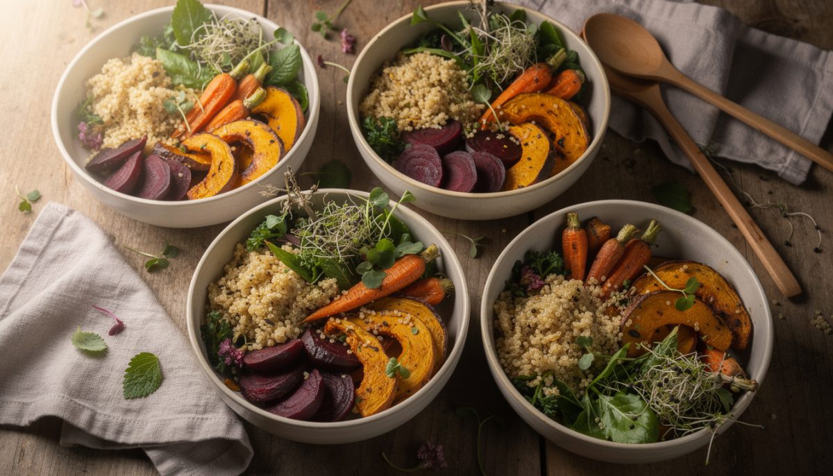 dégustez un bowl de mars alliant quinoa et légumes rôtis, un équilibre parfait entre douceur hivernale et fraîcheur printanière pour une expérience gustative unique.