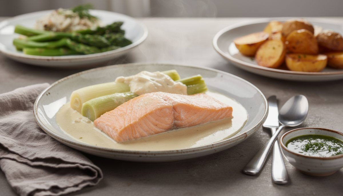 découvrez nos astuces pour réussir une fondue de poireaux fondants accompagnée d'un saumon délicatement nacré grâce à une cuisson douce et maîtrisée.