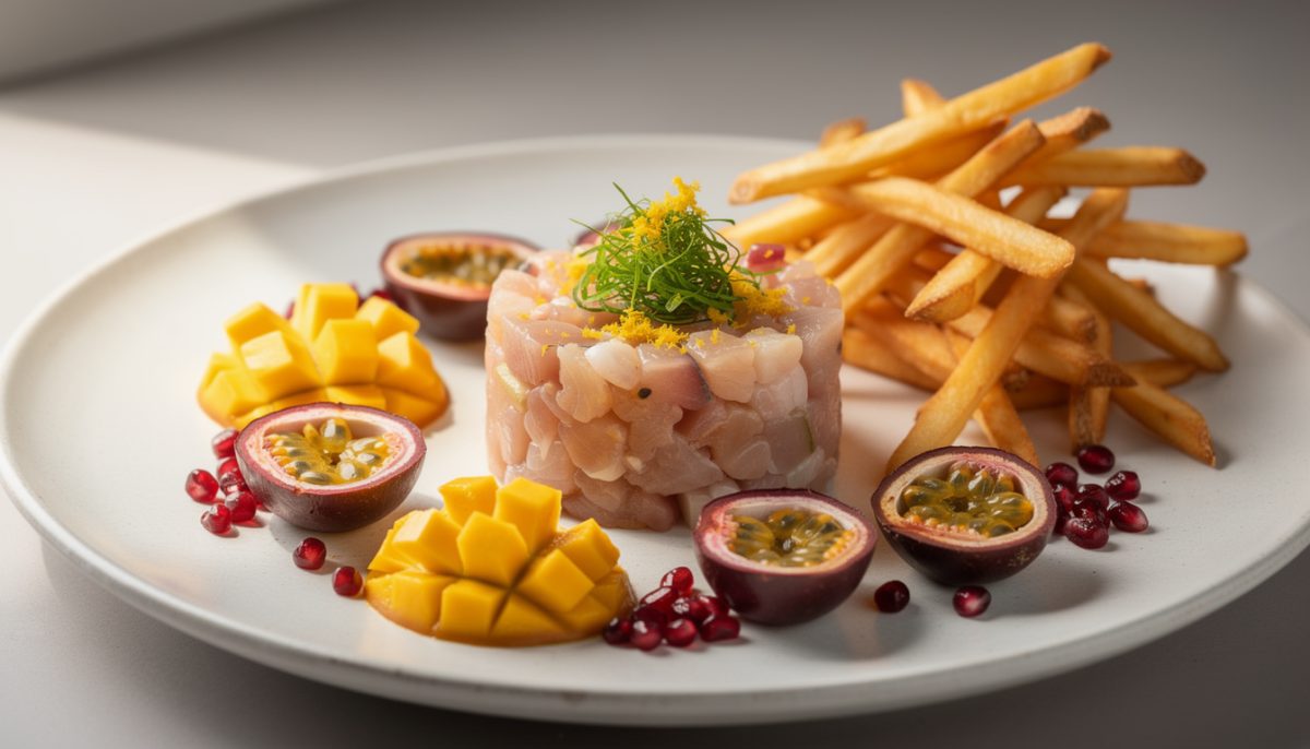 découvrez notre tartare de daurade accompagné de fruits frais, une alliance parfaite entre légèreté et gourmandise, sublimée par des frites croustillantes pour un repas original et savoureux.