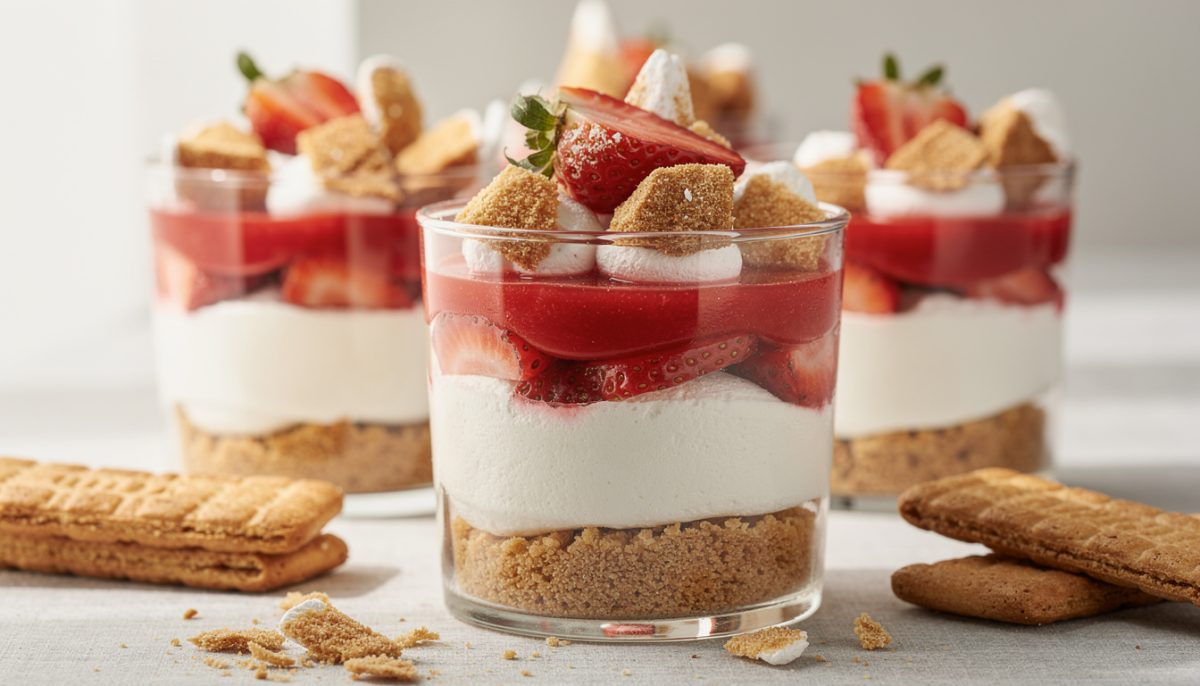 découvrez notre verrine express alliant fraises fraîches, mascarpone onctueux, meringue légère et palets bretons croquants pour une explosion de saveurs et de textures.